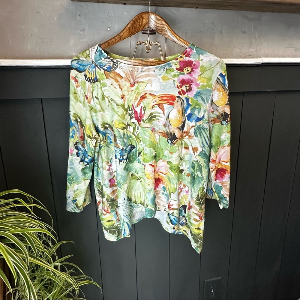 Alfred Dunner Tropical Palm Parrot ‎ Size PL Sequin Colorful 3/4 Sleeve Top